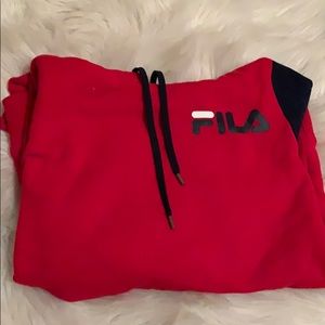 red and navy blue fila hoodie